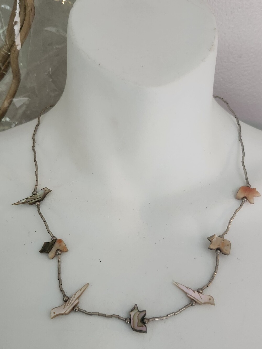 Vtg Liquid Silver Fetish Shell Bird Charm Necklace in Pink and Peach